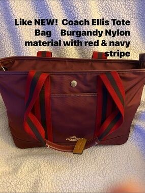 Coach Burgundy Nylon Tote with Red Straps and Tan Leather Tag Style CA208